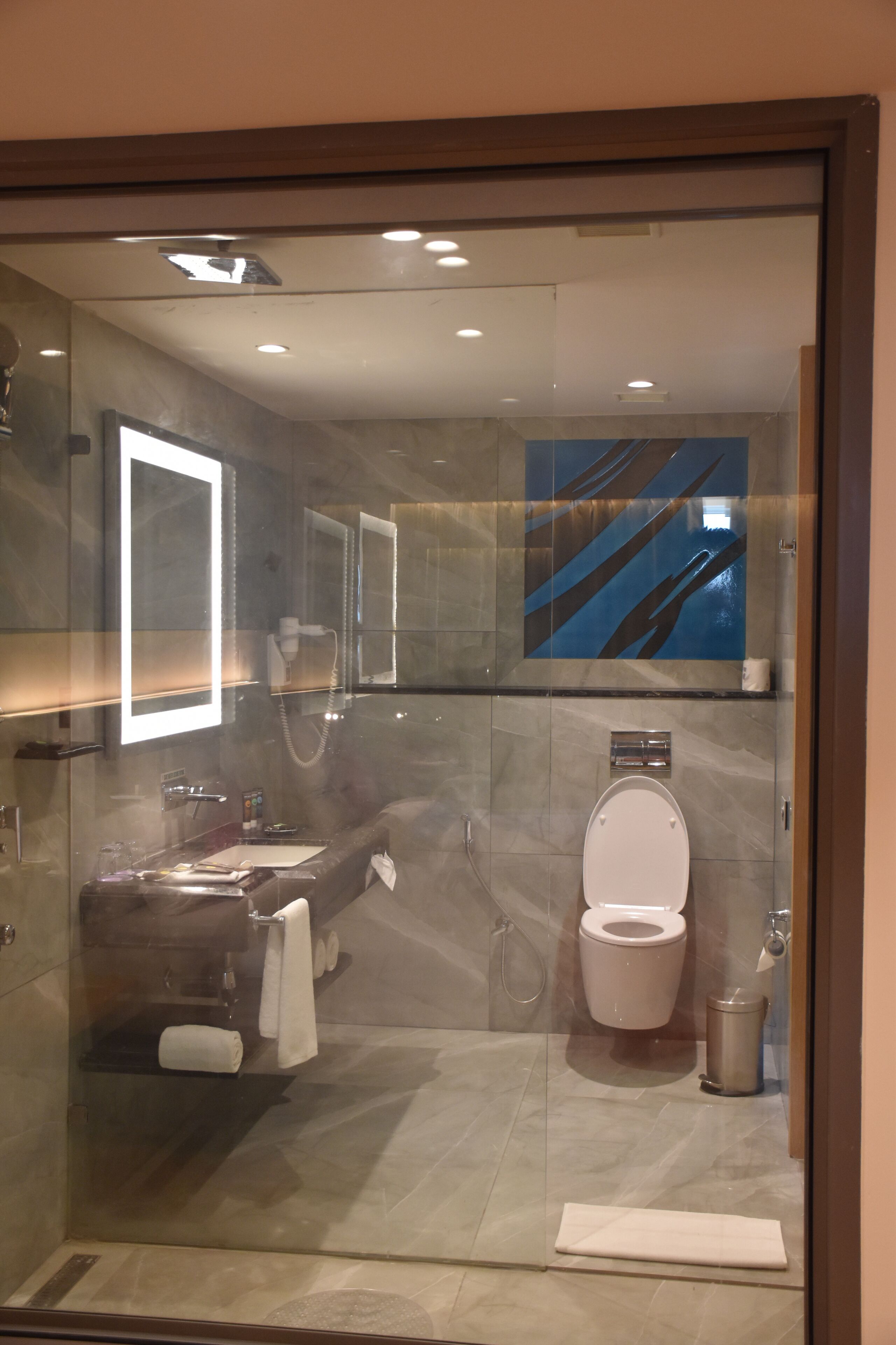 Une salle de bain moderne avec une cloison en verre, des toilettes blanches, un lavabo et un miroir.