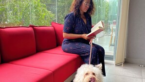Een persoon zit op een rode bank en leest een boek, met een kleine witte hond in de buurt.