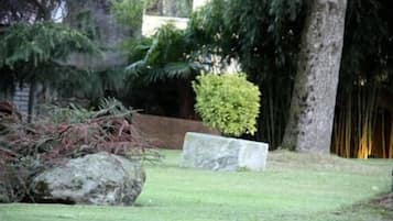 Un giardino con una panchina in pietra, un masso e diversi arbusti.