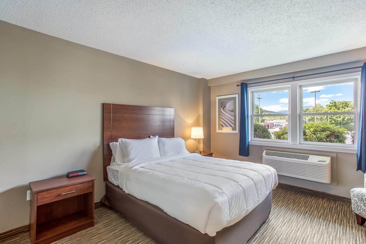 A hotel room with a bed, bedside table, lamp, window with curtains, and a view of greenery.