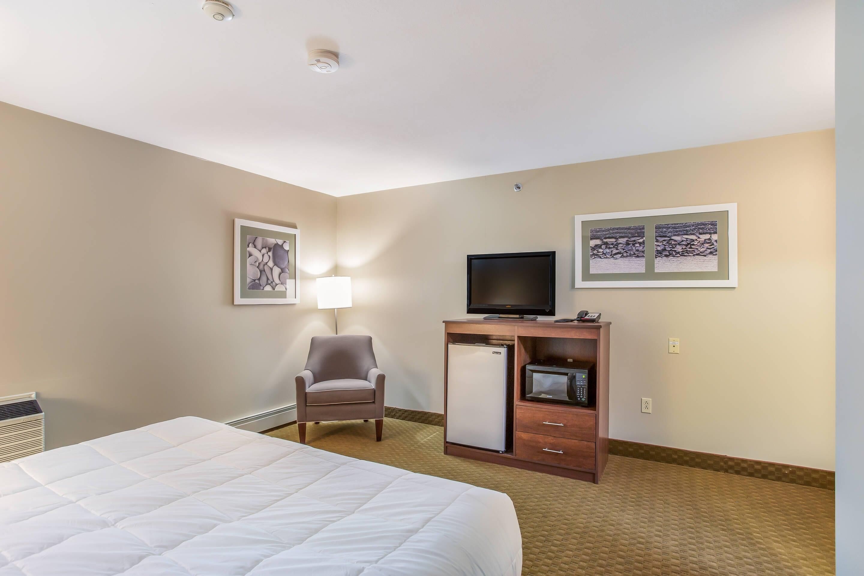Ein Hotelzimmer mit einem Bett, einem Schreibtisch mit Fernseher, einem Sessel, einem Kühlschrank und Bildern an den Wänden.