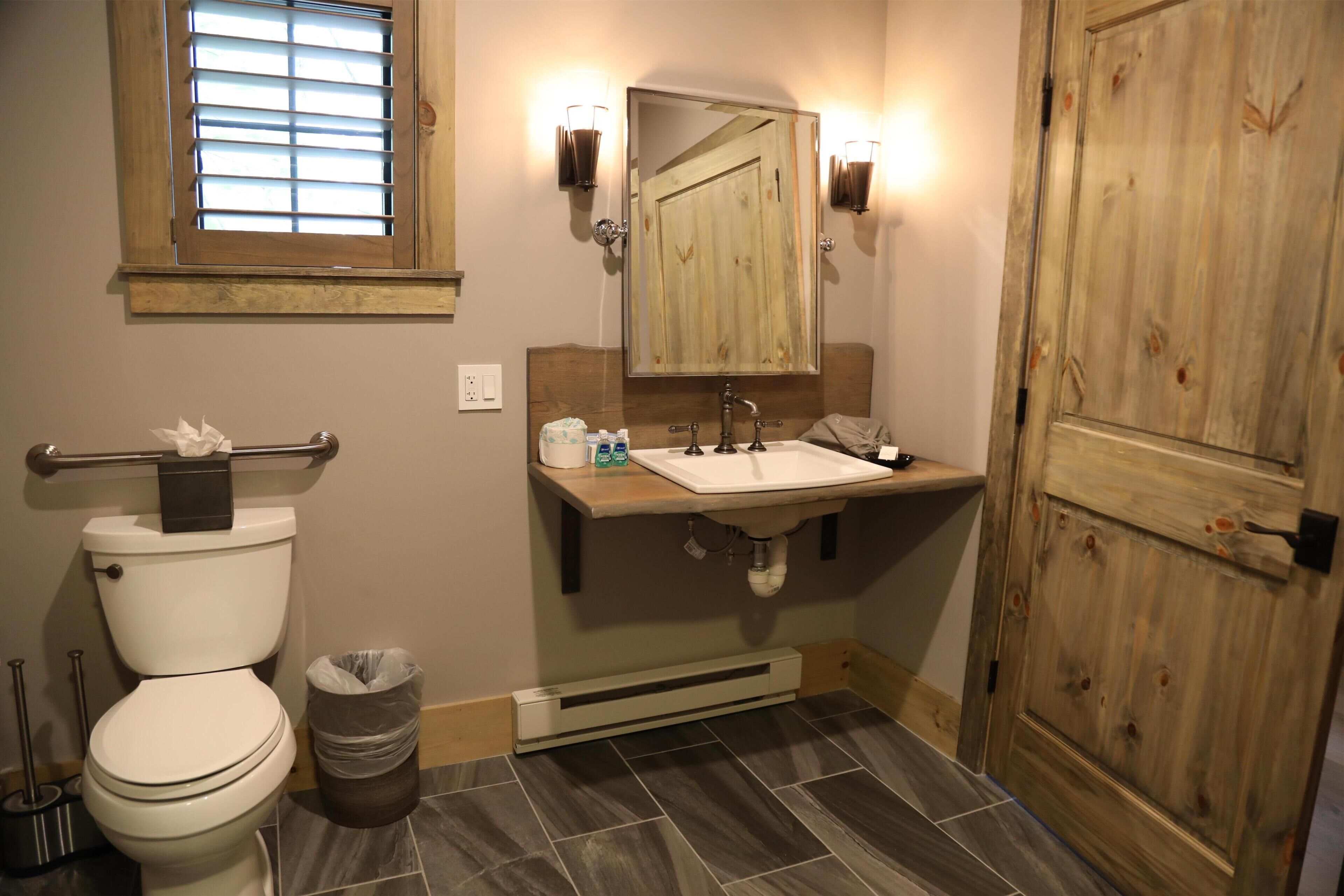Une salle de bain équipée de toilettes, d’un lavabo, d’un miroir et d’une porte en bois.