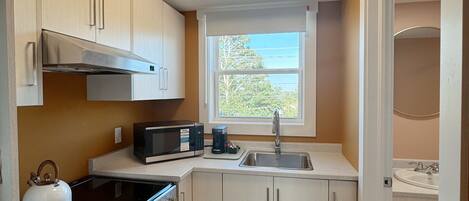 A compact kitchen with modern appliances, a window for natural light, and a view of greenery outside.