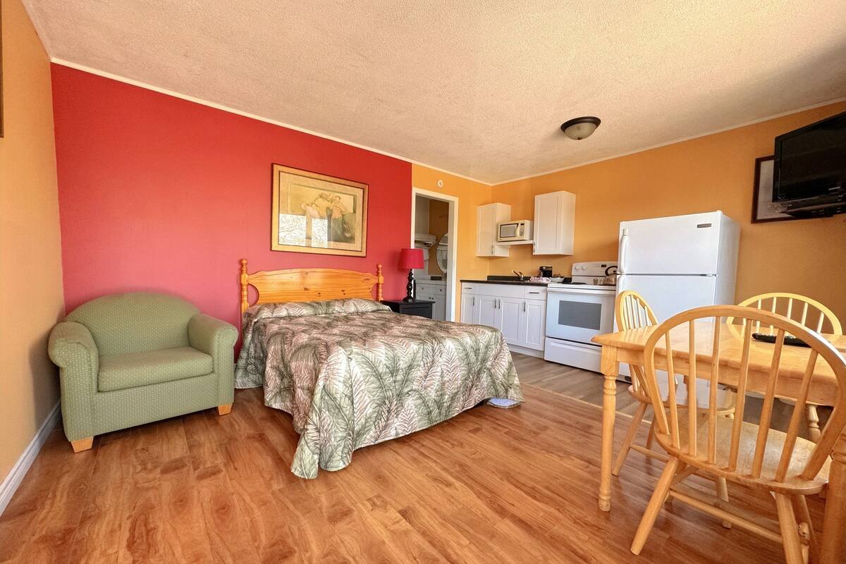 Une pièce comprenant un lit, un fauteuil vert, une table à manger en bois avec des chaises, et un coin cuisine avec un réfrigérateur, une cuisinière et un four à micro-ondes.