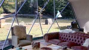 Un interior acogedor con un sofá de cuero, un sillón mullido y una mesa de madera con libros y objetos decorativos.