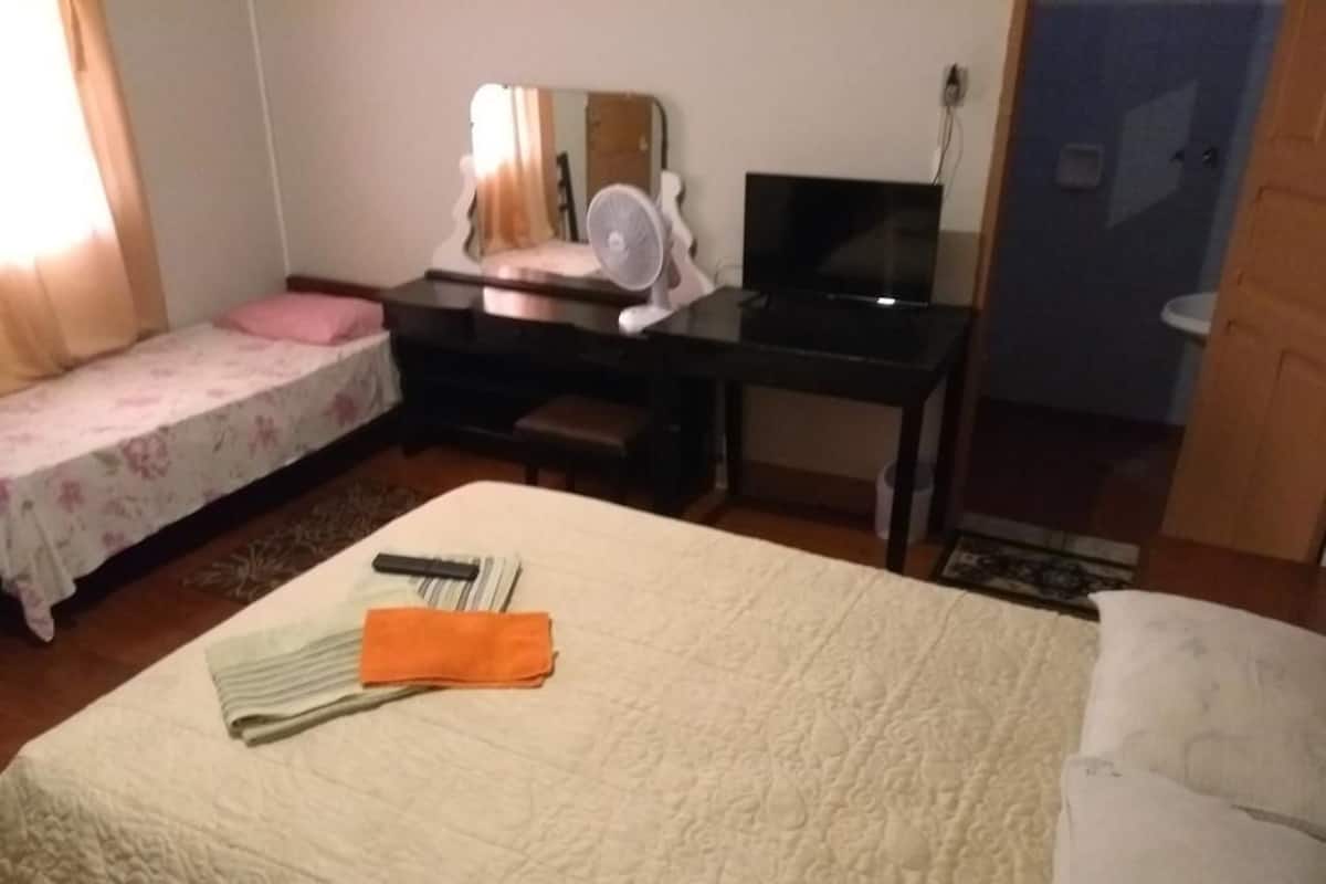 A bedroom with a bed, a desk with a computer, a chair, and a fan.