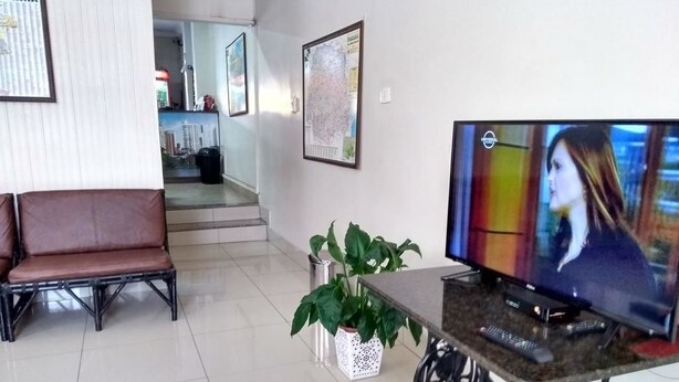 A living room with a sofa, a coffee table with a television, and a potted plant. - Hotel Triunfo (Londrina)
