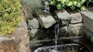 A small waterfall feature with water cascading over rocks into a shallow pool, surrounded by lush greenery. - Landhotel Thürmchen (Schirgiswalde-Kirschau)