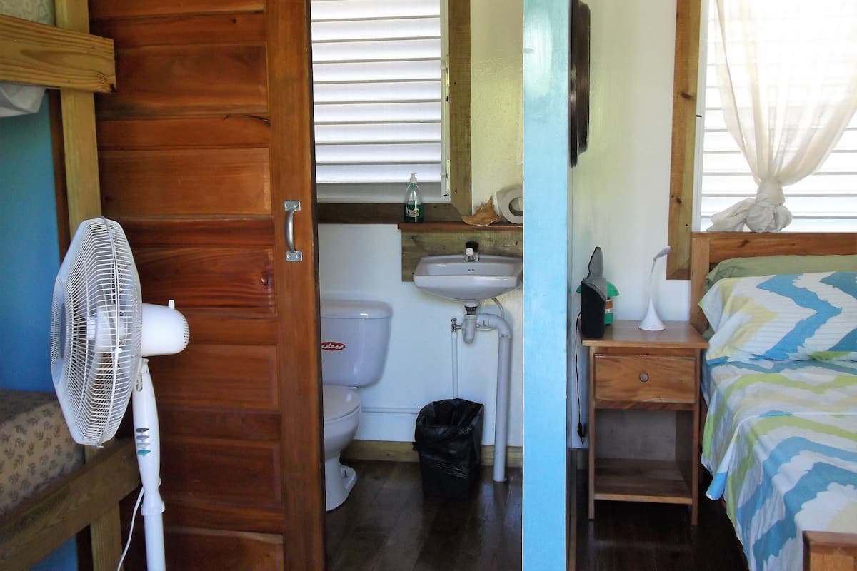 Une petite pièce, de taille modeste, avec une porte en bois, un ventilateur blanc, des toilettes, un lavabo et un lit recouvert d’une courtepointe à rayures.