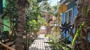 Un sendero de madera que atraviesa un jardín tropical con palmeras y diversas plantas.