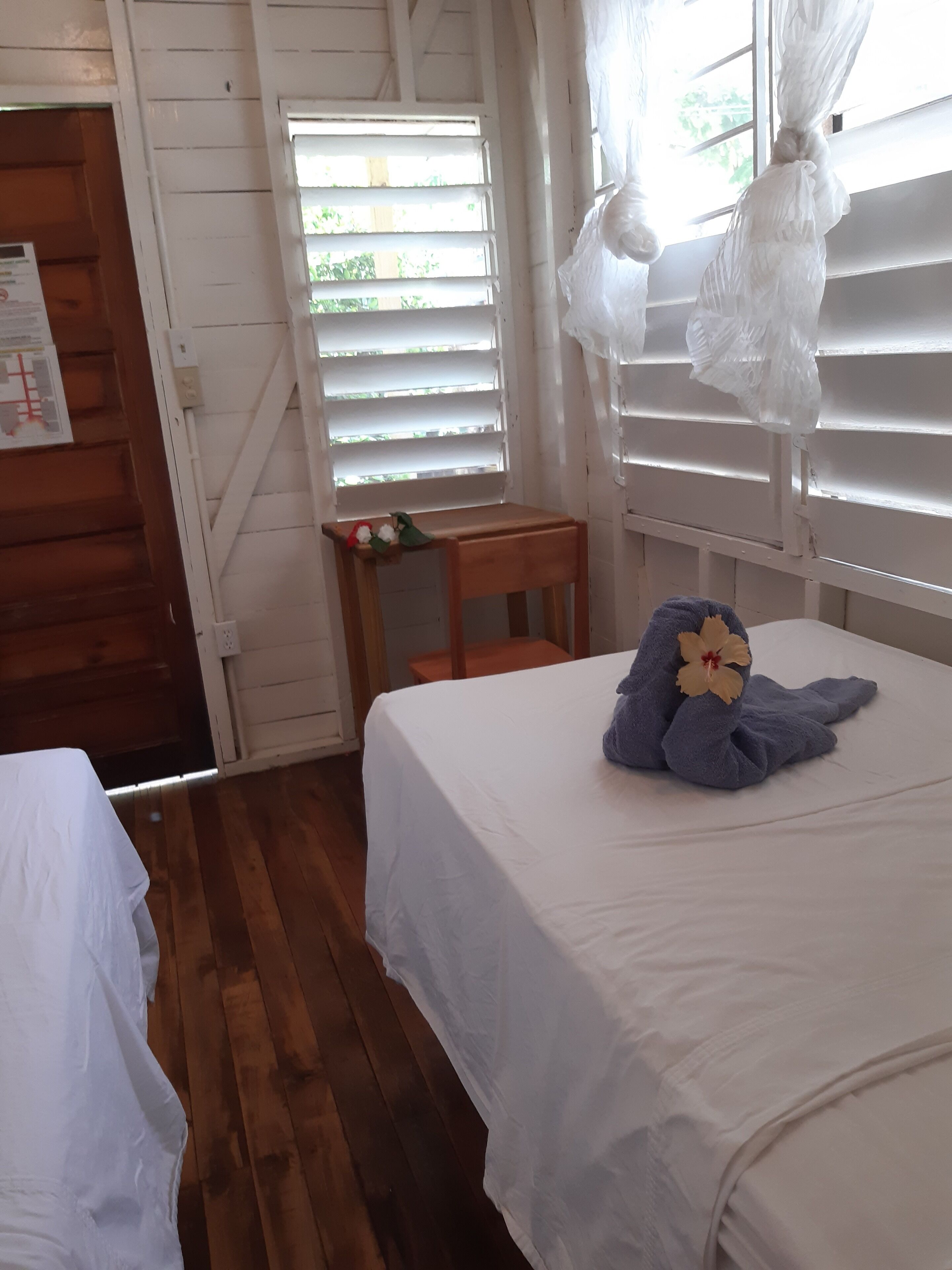 Une pièce avec un plancher en bois, des murs blancs, un lit recouvert d’une courtepointe blanche, une table de chevet en bois avec une petite lampe et une fleur, et une fenêtre avec des stores blancs.