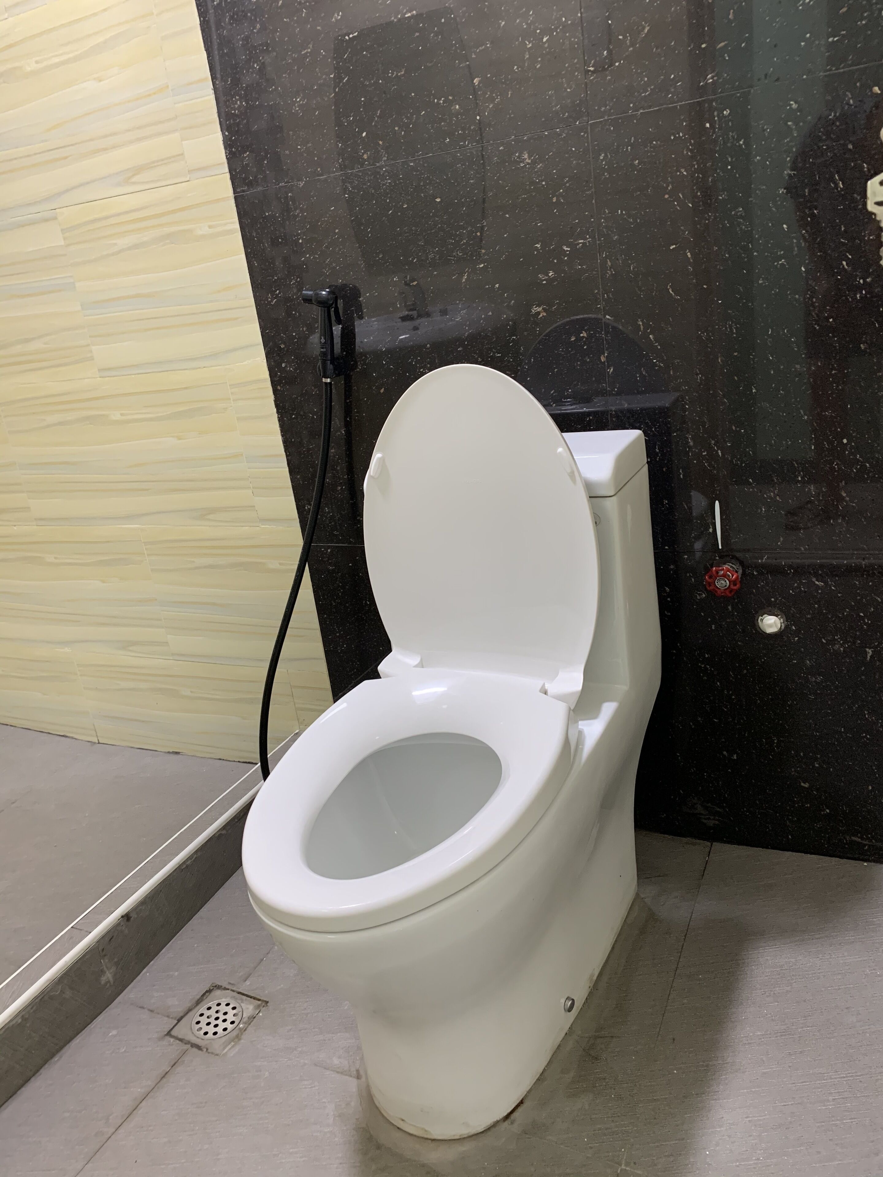 A white toilet with a closed lid in a bathroom with a black marble wall and a beige wooden panel.