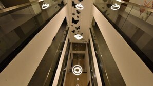 Vue intérieure d’un escalier mécanique dans un bâtiment moderne doté de panneaux de verre et de motifs décoratifs en forme de papillons sur les murs.
