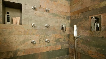 Shower, hydromassage showerhead, eco-friendly toiletries, hair dryer