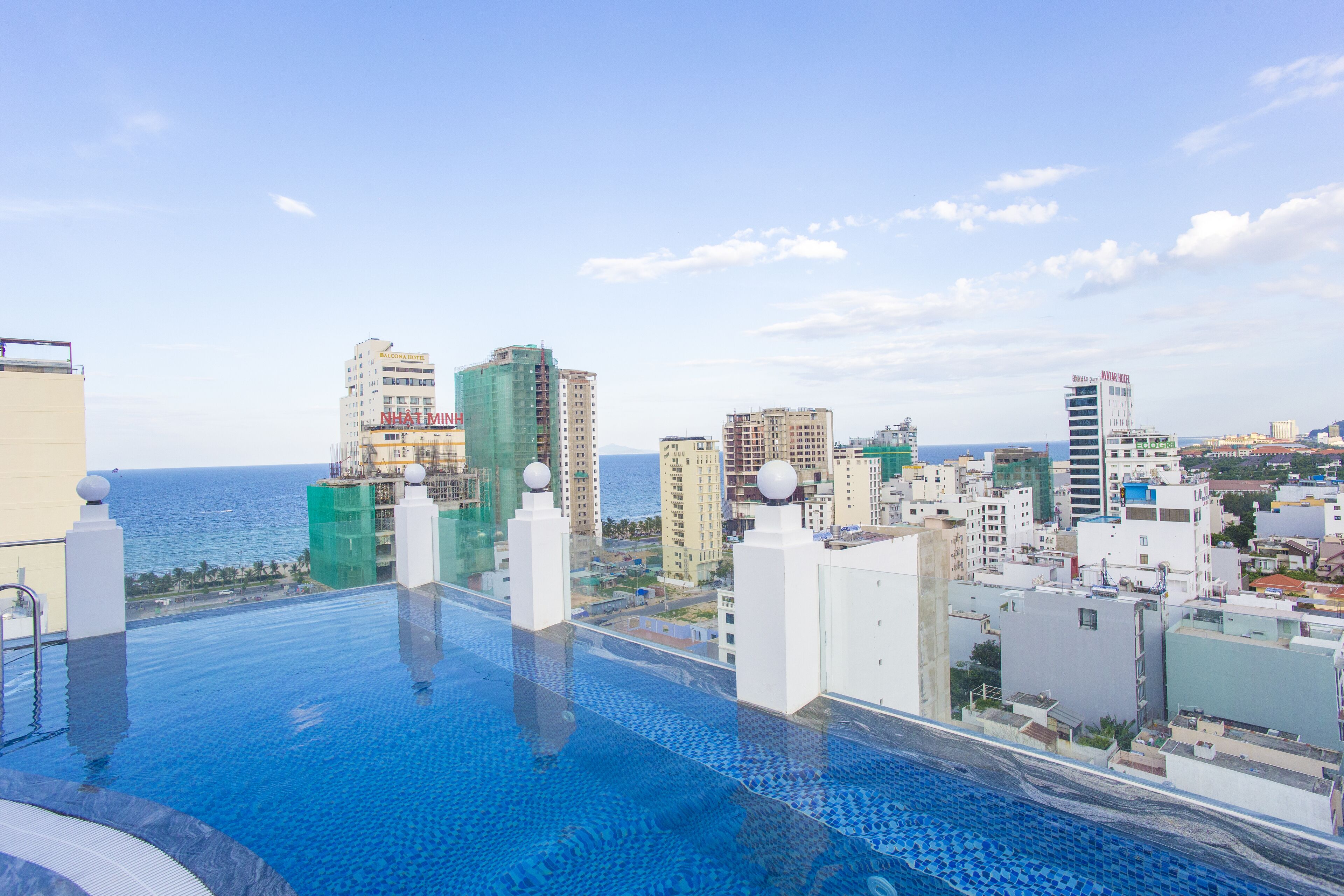 Outdoor pool, pool umbrellas, pool loungers