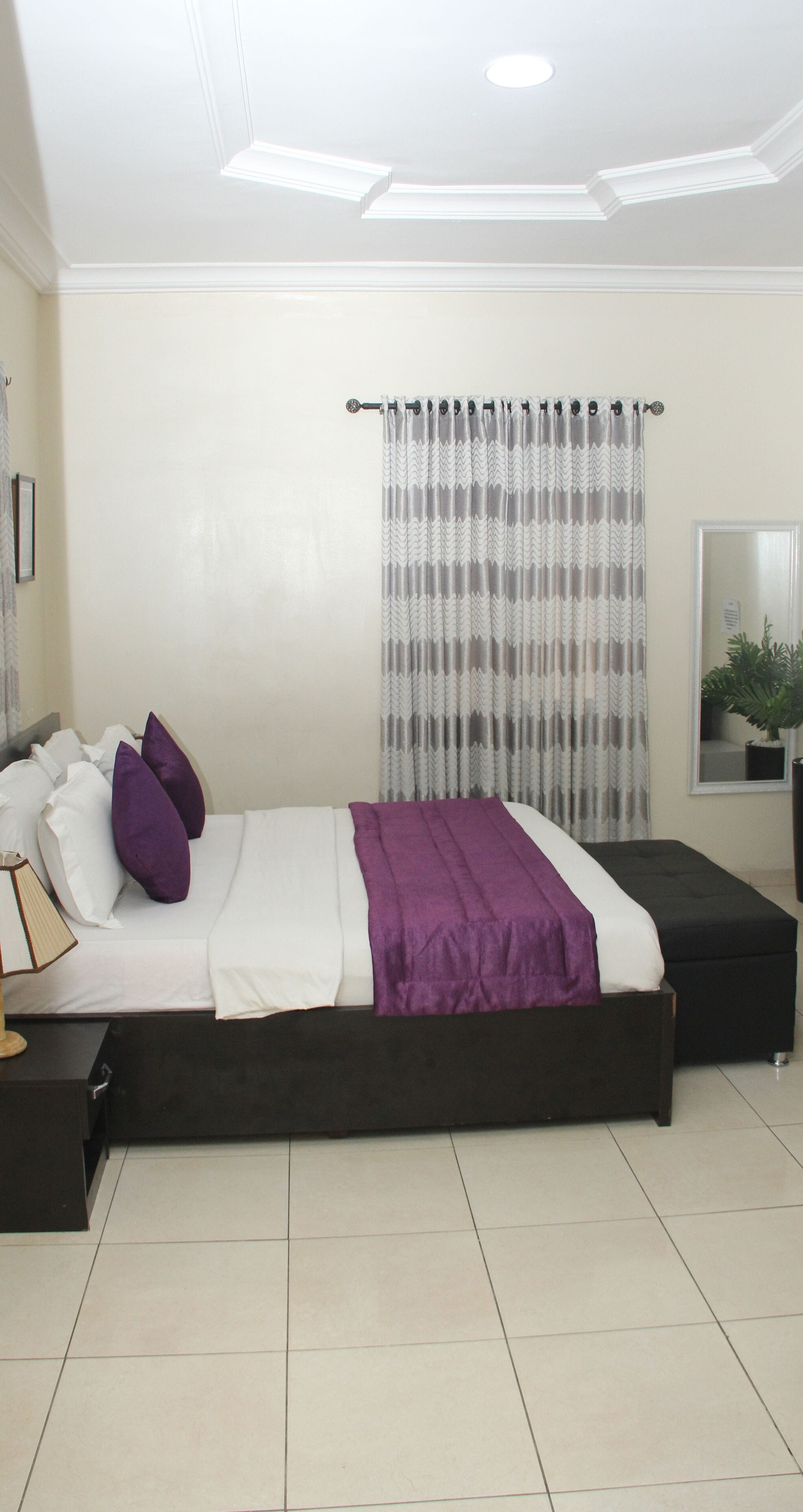 A modern bedroom with a large bed, a bedside table, a nightstand, a mirror, and a potted plant.