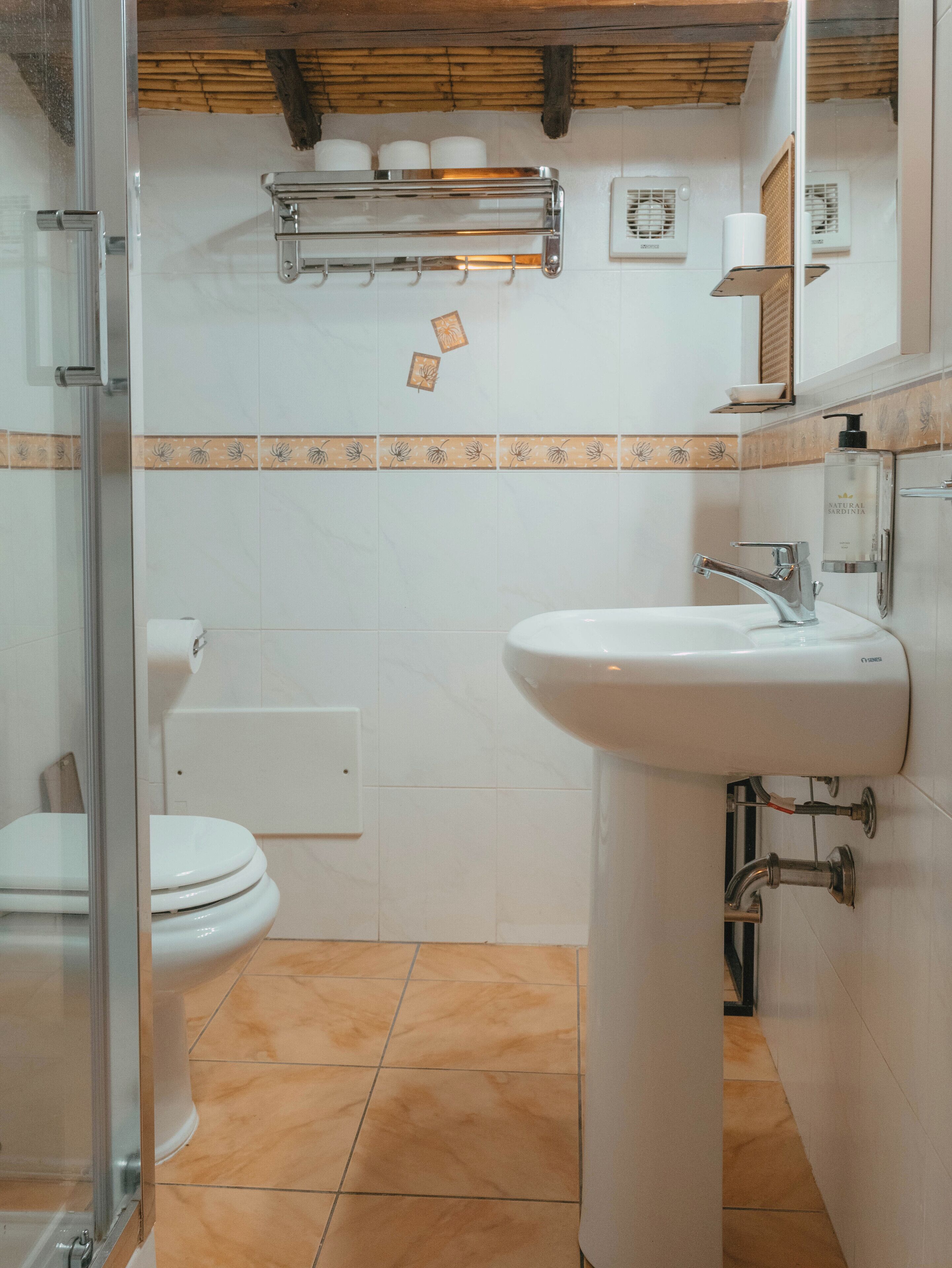 A bathroom with a white sink, a toilet, and a shower area.