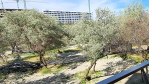 Een bouwterrein met meerdere kranen en een gedeeltelijk gebouwd modern gebouw op de achtergrond.
