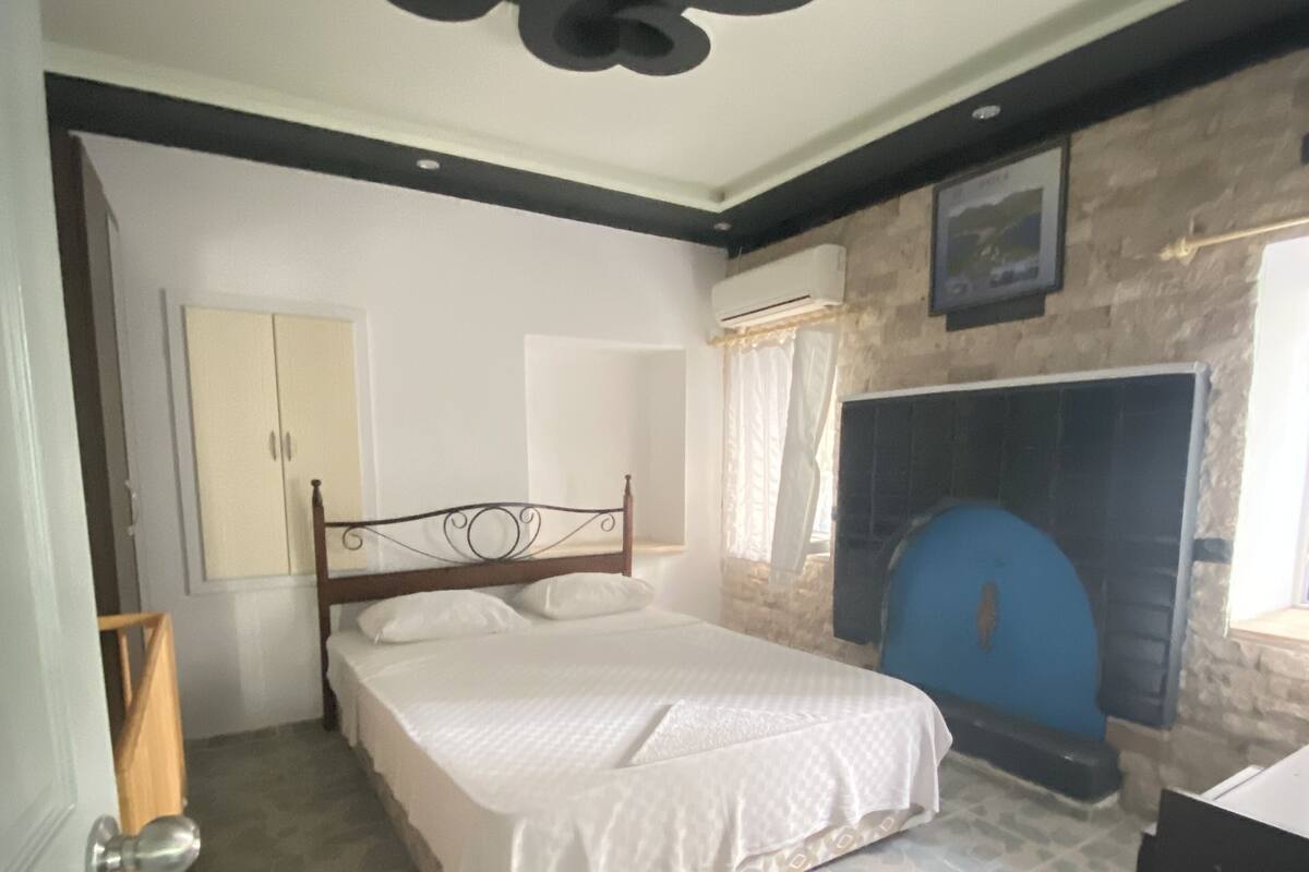 Une chambre à coucher avec un lit, une armoire, une cheminée et une porte.