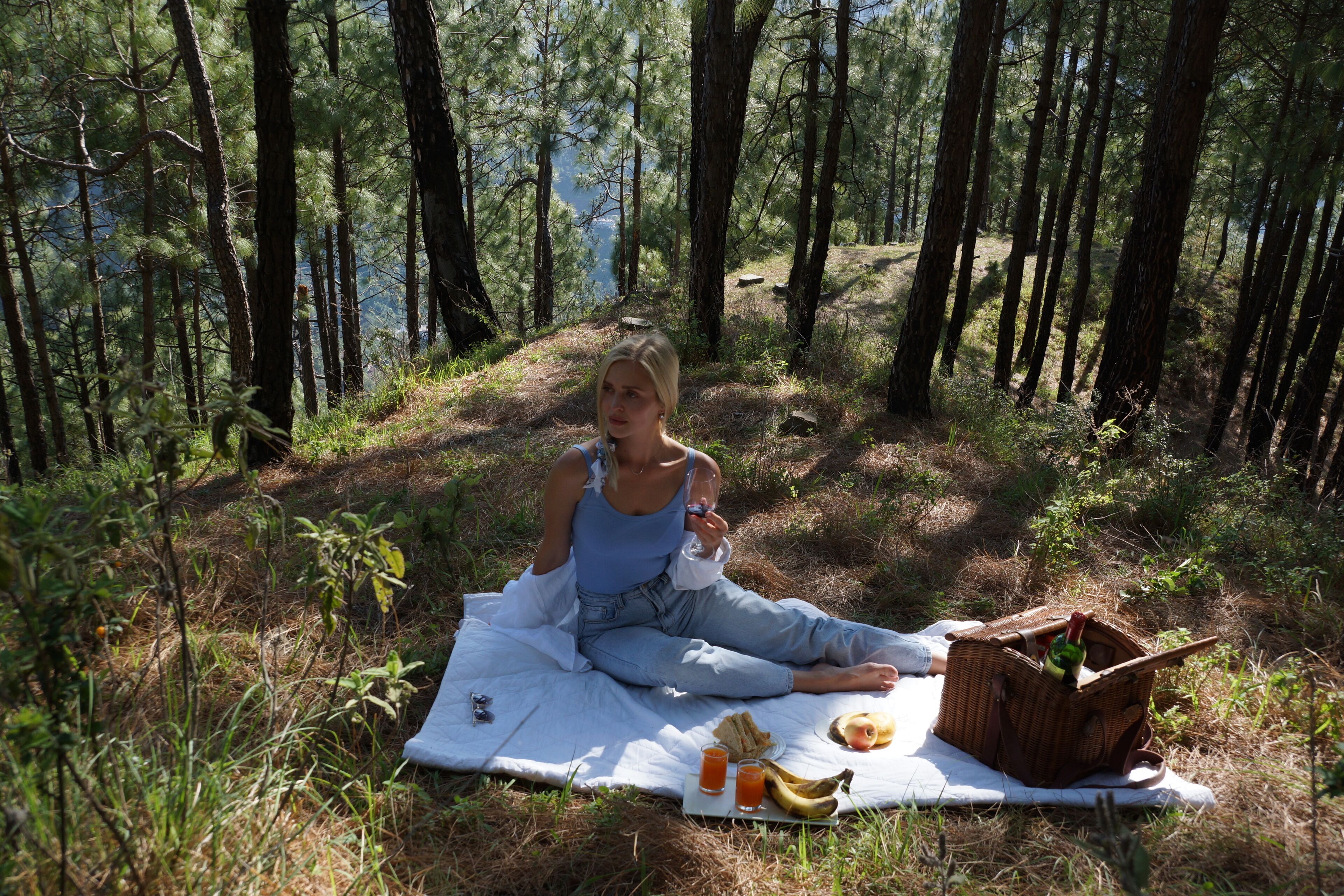 A person sitting on a blanket in a forested area with a picnic setup including a basket, food, and drinks.