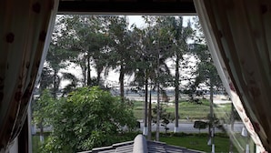 A window with a view of a residential area, including trees, a road, and a grassy field.