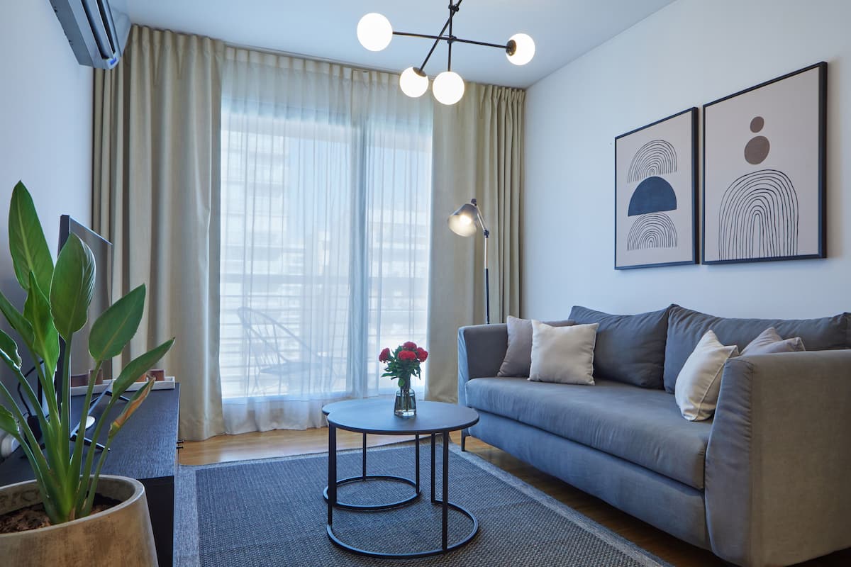 Un salon moderne avec un canapé gris, une table basse ronde, une plante en pot et deux œuvres d’art encadrées accrochées au mur.