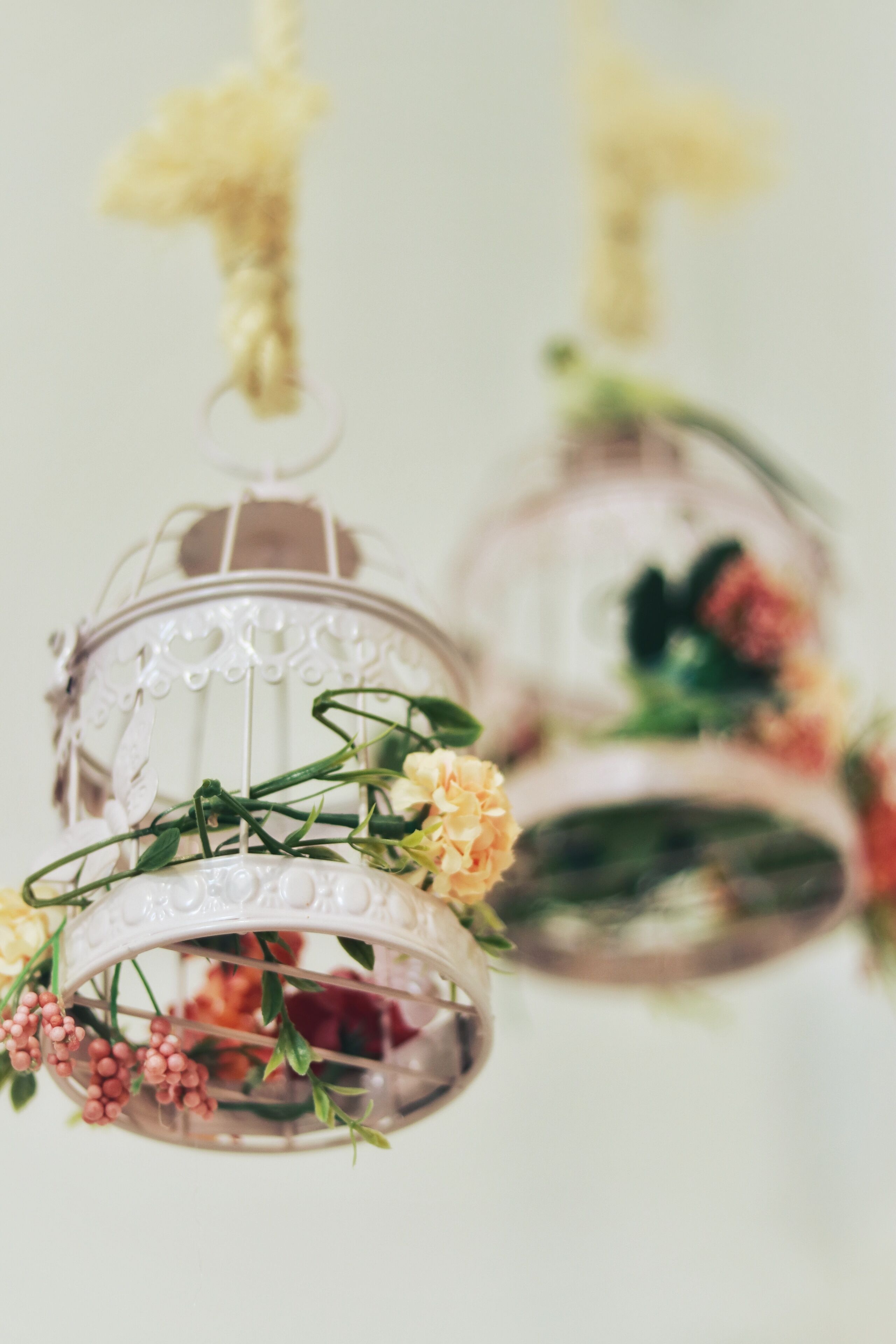 Dos jaulas de pájaros colgantes con adornos florales.