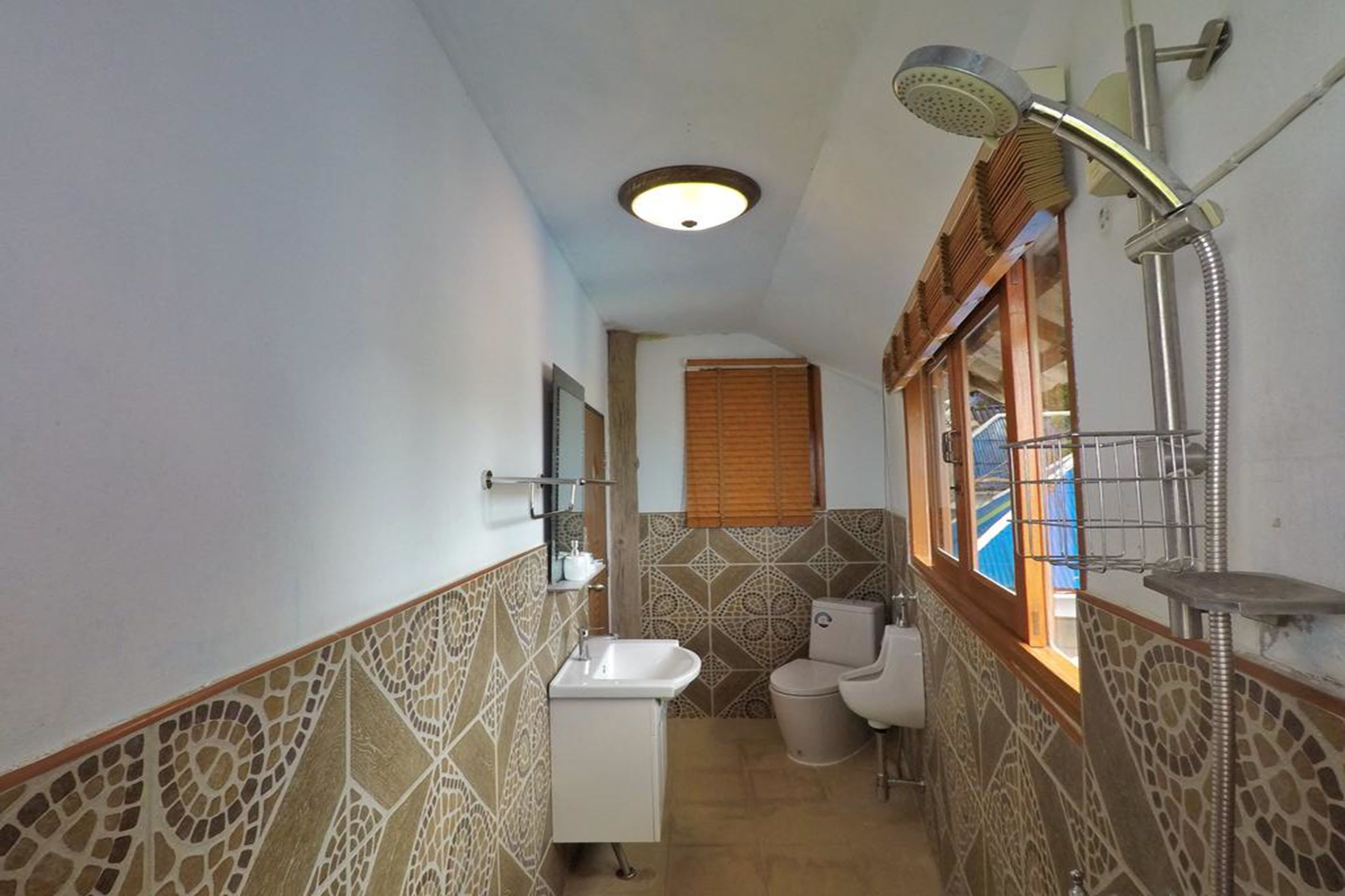 Une petite salle de bain comprenant un lavabo, des toilettes et une douche.