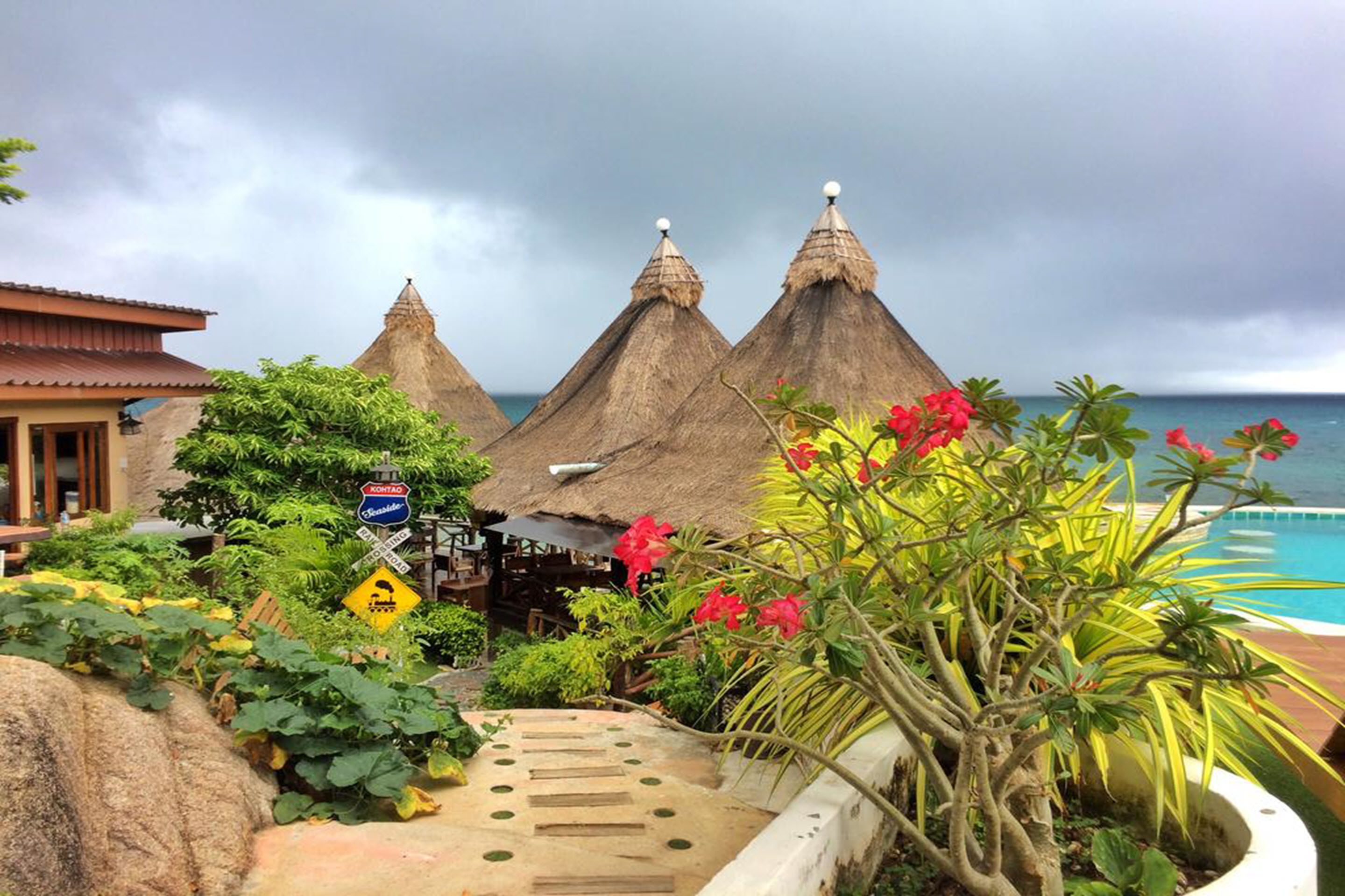 A resort with thatched-roof huts, a pool, and tropical plants.