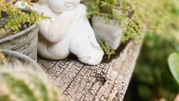 Eine weiße Statue eines Kindes mit Locken, platziert auf einem hölzernen Ablagebrett, umgeben von Topfpflanzen.
