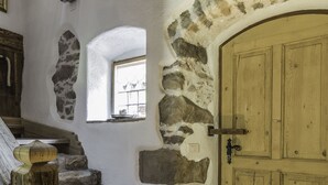 A stone staircase leading to a wooden door with a window above it. - Maso Franceschella (Ville di Fiemme)
