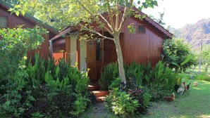 Ein rustikales Holzhaus mit Veranda, umgeben von üppigem Grün und Hühnern.