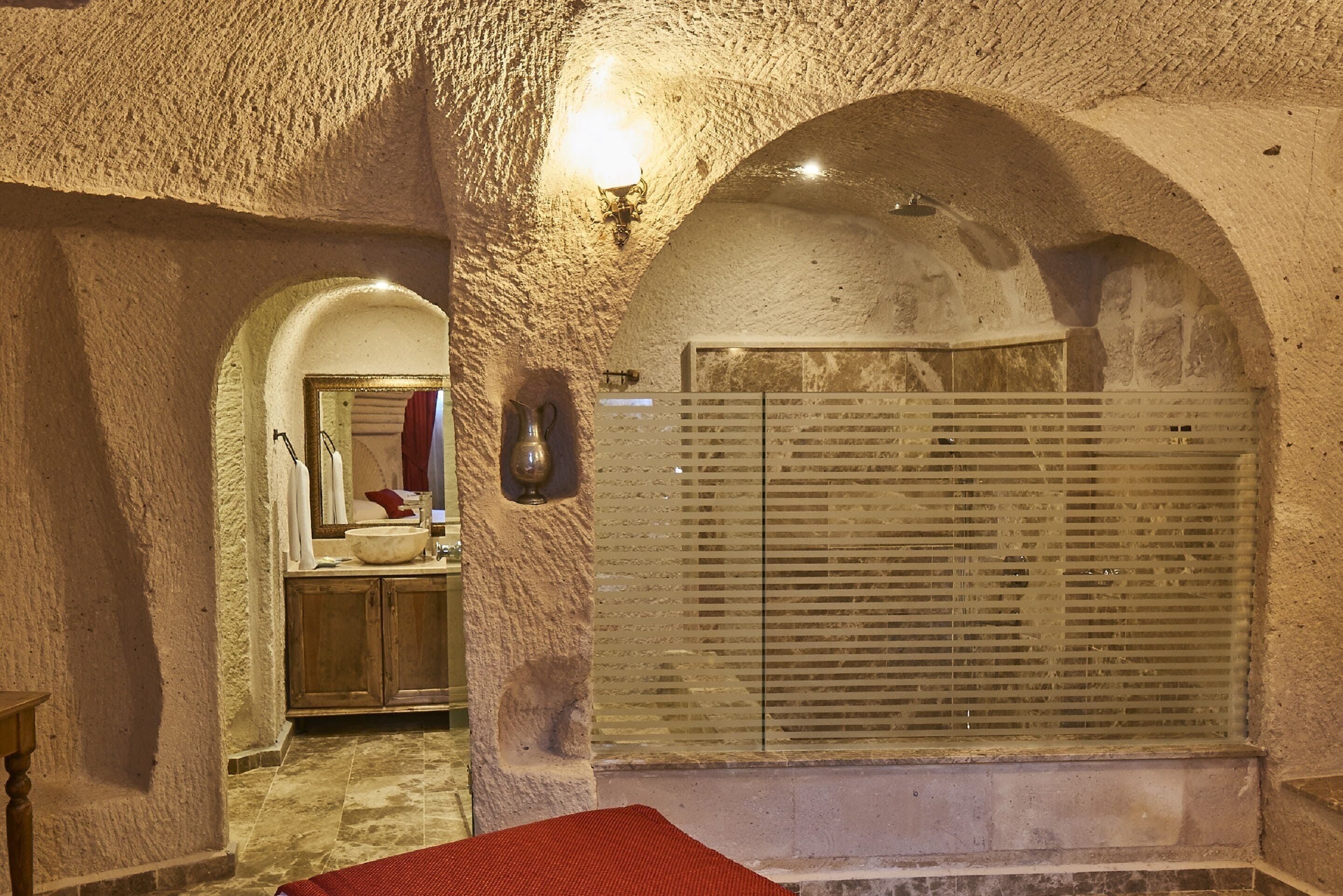 room (premier cave) | bathroom | shower, rainfall showerhead, hair dryer, slippers