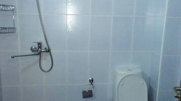 Un baño con inodoro, ducha y bidé.
