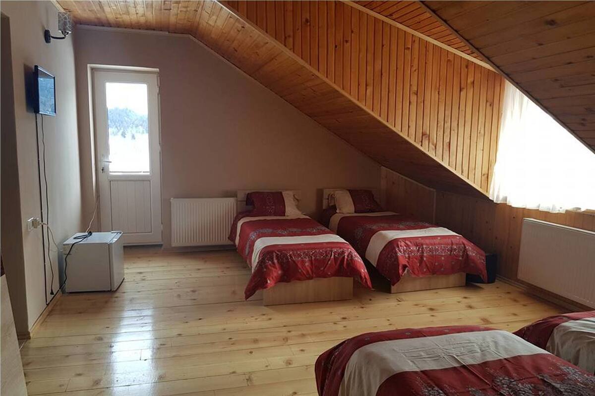 Une chambre avec deux lits, un plancher en bois, un radiateur et un petit appareil électroménager blanc.