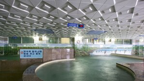 A modern indoor pool area with a geometric ceiling design, clear signage, and a calm water feature. - The Blue Guesthouse - Hostel (Busan)