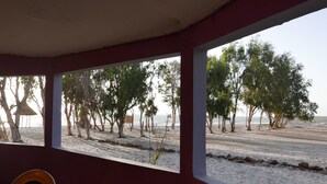 Una stanza con vista sulla spiaggia e sugli alberi. Sono presenti un tavolo e delle sedie nella stanza.