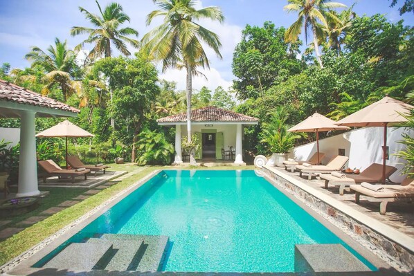 A pool with lounge chairs and umbrellas, surrounded by lush greenery and palm trees.