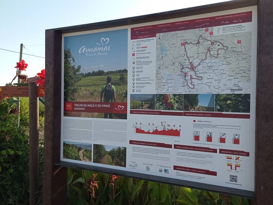 Un panneau d’information détaillé sur un sentier de randonnée à Armamar, comprenant une carte, une indication du niveau de difficulté et des informations sur le parcours.