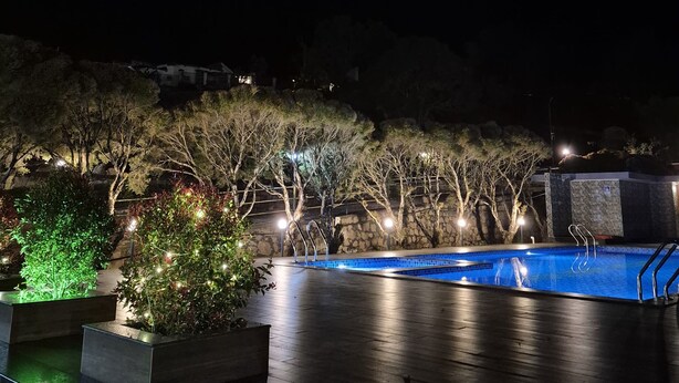 A nighttime view of a swimming pool area with steps leading down to the water, surrounded by trees and illuminated by street lamps. - Holiday Heaven Munnar (Devikolam)