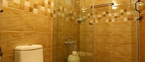 A bathroom with a glass-enclosed shower, a toilet, and a sink.
