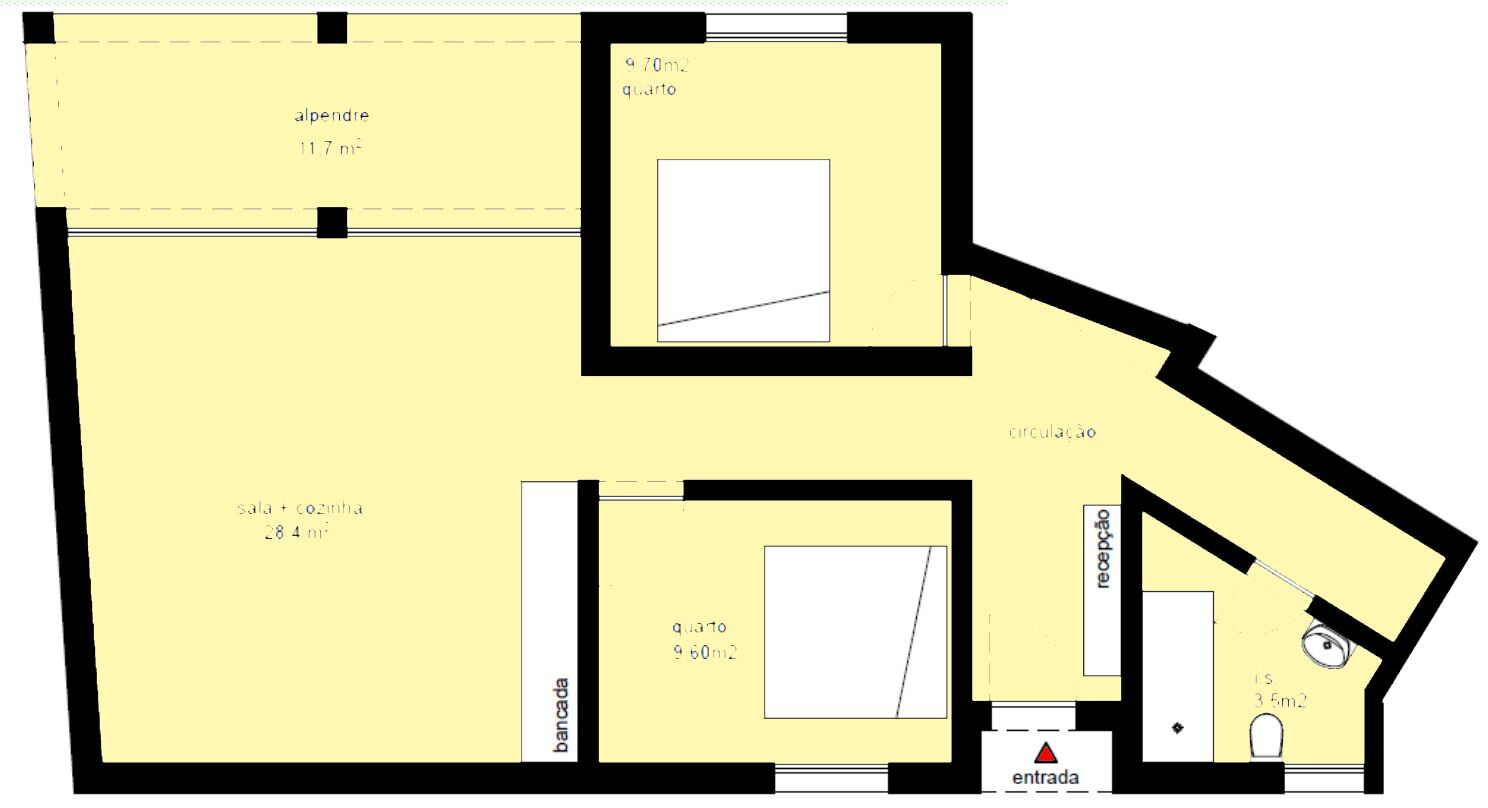 A floor plan with a reception area, a bathroom, a kitchen, a dining area, and two bedrooms, each with specified dimensions.
