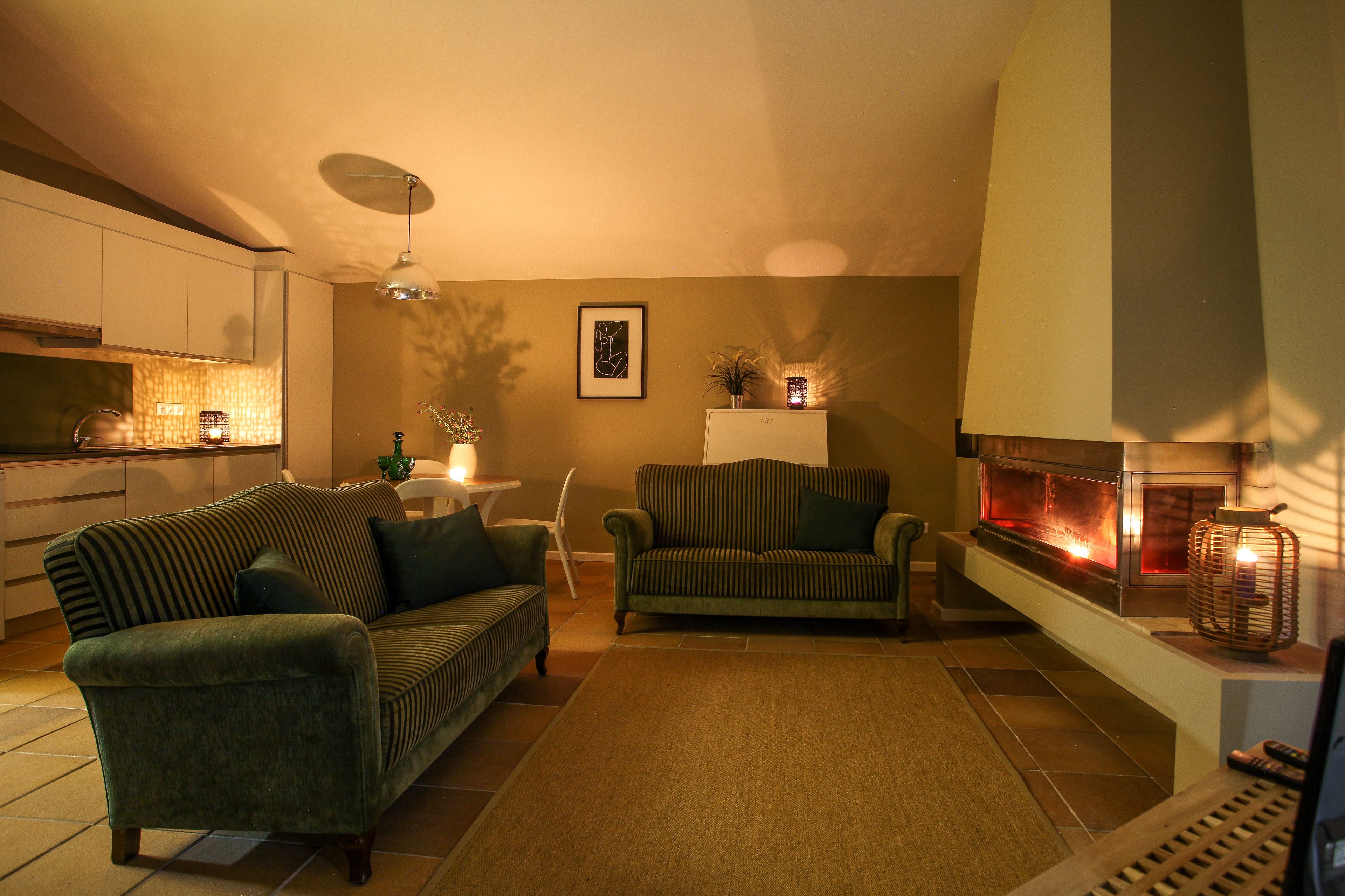 Ein Wohnzimmer mit Kamin, zwei Sofas, einem Esstisch und einer Küchenzeile.