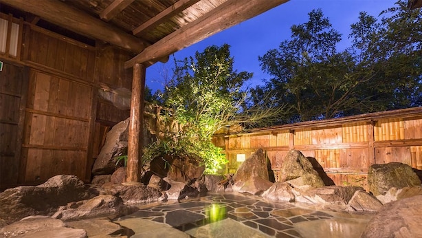 A wooden structure with a stone hot spring area, surrounded by rocks and trees.
