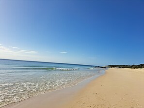 A beach with clear blue water, sandy shore, and a distant shoreline with vegetation. - Castaways Moreton Island (Bulwer)