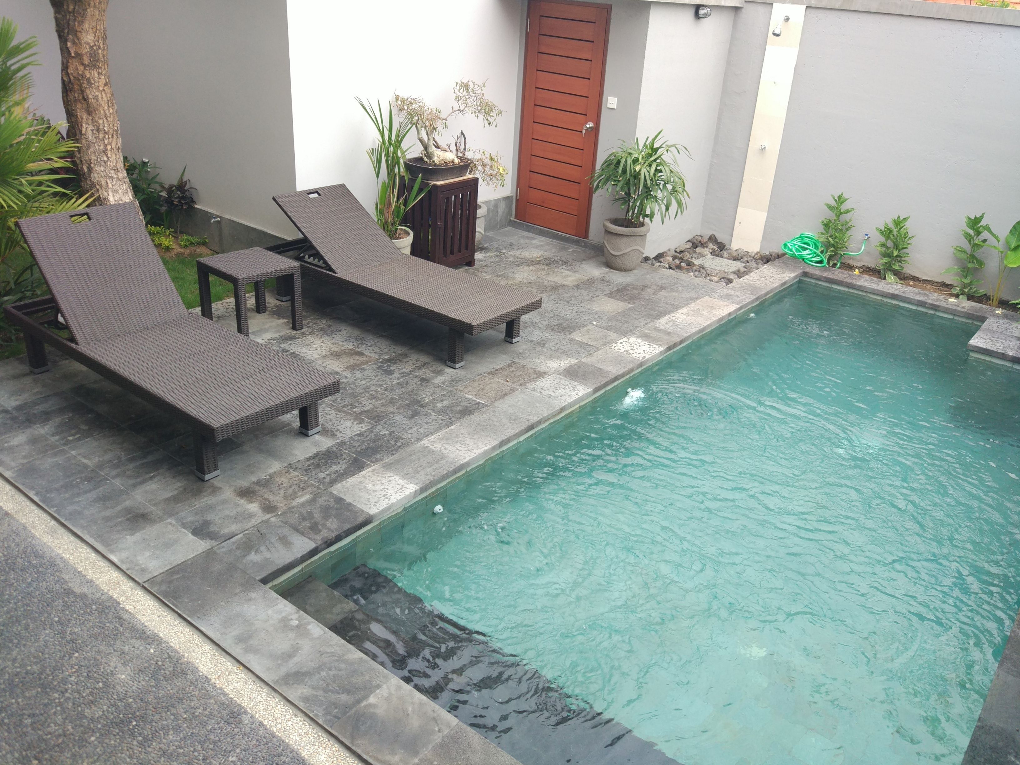 Una piscina con sillones de descanso y plantas en macetas.
