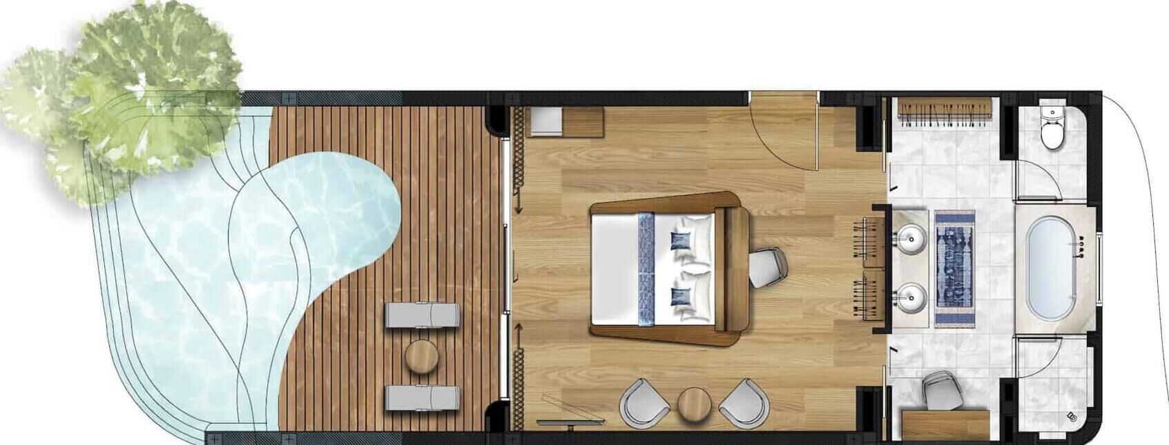 Ein Bootsinnenraum mit Essbereich, einer kleinen Küche, einem Badezimmer und einem Poolbereich.