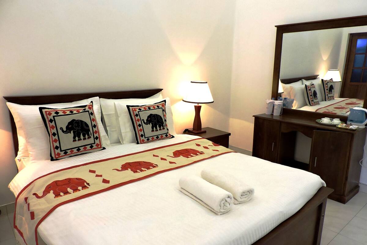 A hotel room with a bed, two pillows with elephant designs, a bedside lamp, a dresser, and a mirror.