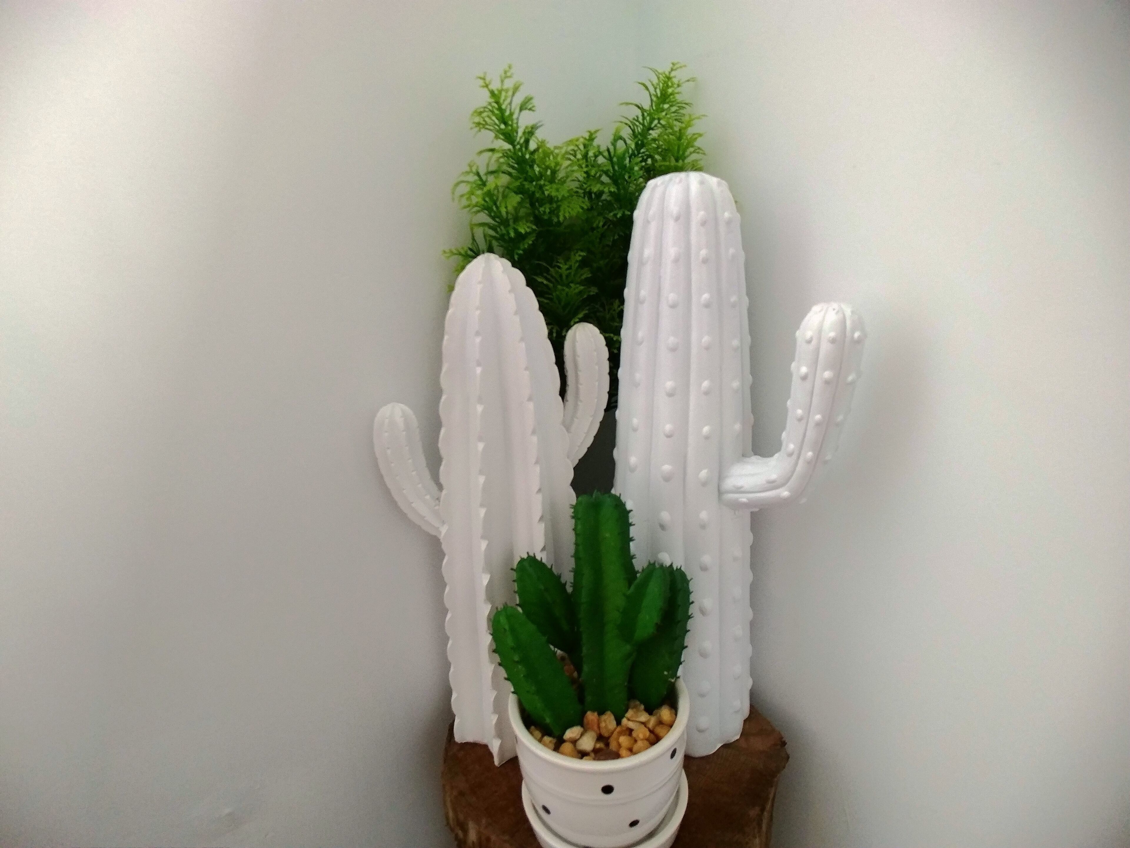 Una escultura de cactus blanco con una planta en maceta al frente.