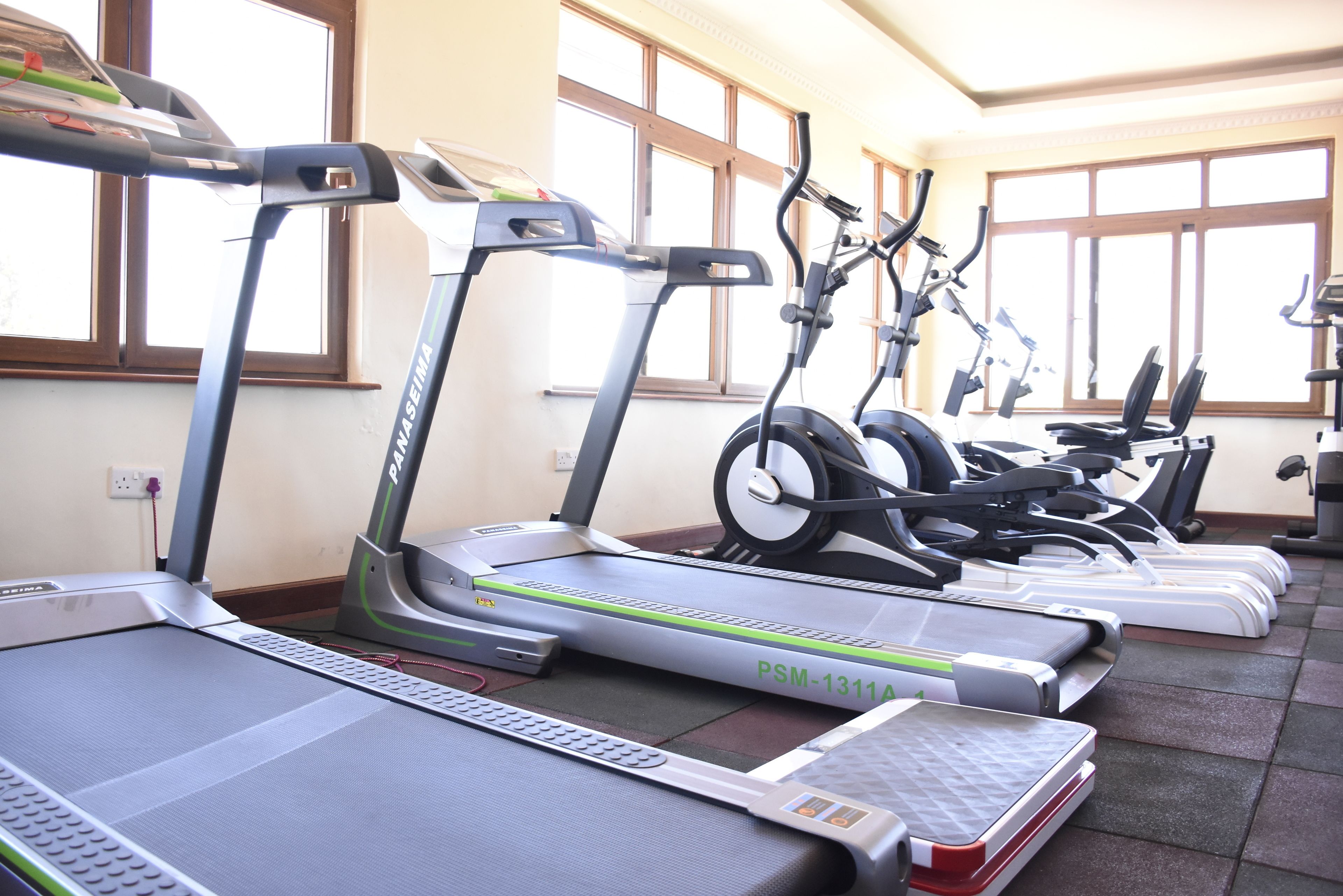 A gym with multiple treadmills and elliptical machines arranged in rows.